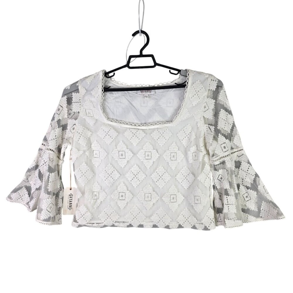 Womens Shyanne White Embroidered Blouse Square Neck Belle Sleeve Nylon Size L